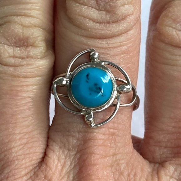 Sterling Silver 925 Faux Turquoise Modern Ring Floral Pinwheel Size 7 Openwork - Picture 4 of 10